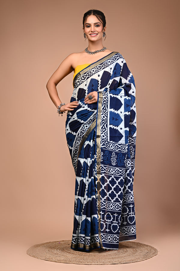 Blue Pahad Pure Cotton Maheswari Border Saree