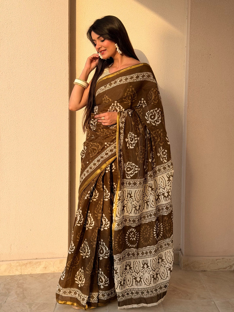 Brown Bagru Print Cotton Saree with Zari Border