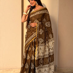 Brown Bagru Print Cotton Saree with Zari Border