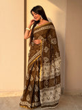 Brown Bagru Print Cotton Saree with Zari Border