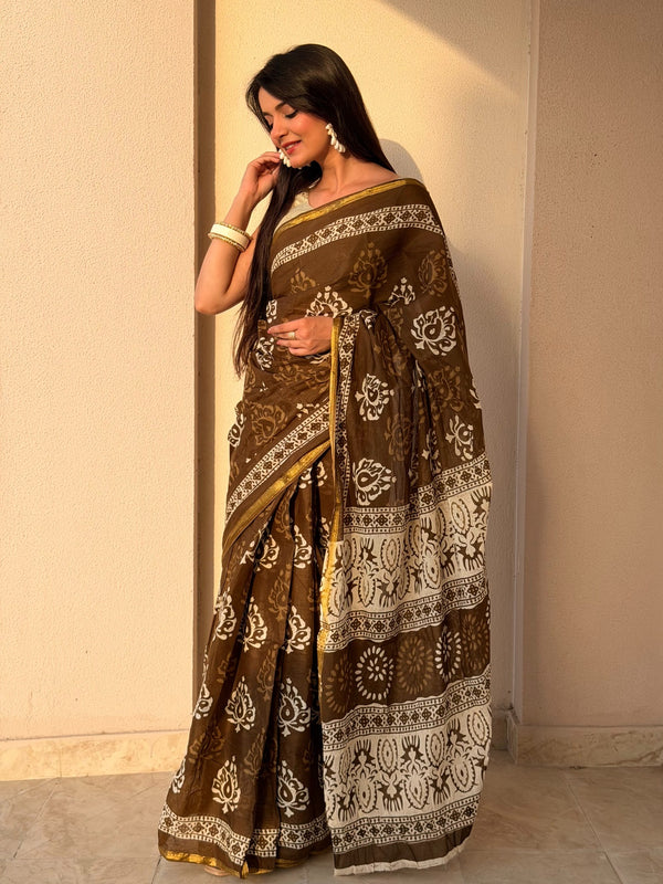 Brown Bagru Print Cotton Saree with Zari Border