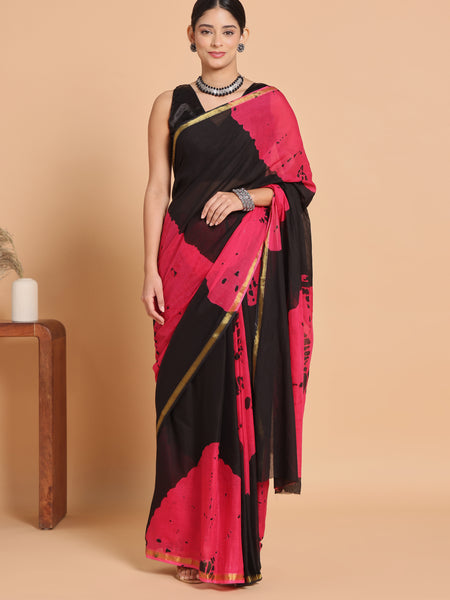 Black & Pink Tie & Dye Cotton Saree with Zari Border