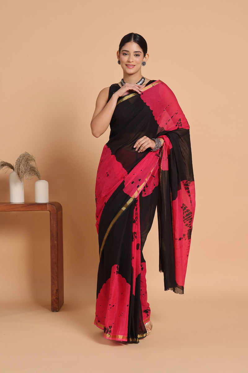 Black & Pink Tie & Dye Cotton Saree with Zari Border