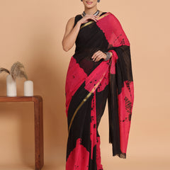 Black & Pink Tie & Dye Cotton Saree with Zari Border