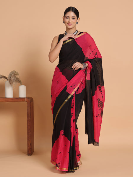 Black & Pink Tie & Dye Cotton Saree with Zari Border
