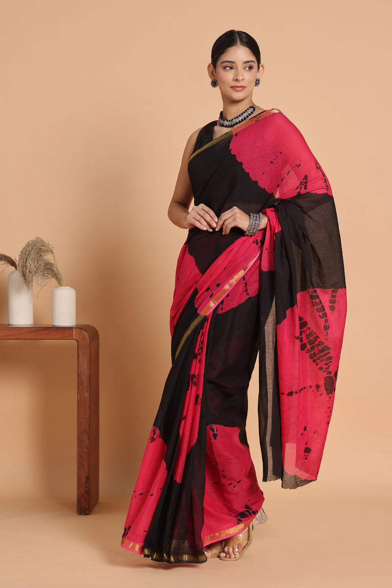 Black & Pink Tie & Dye Cotton Saree with Zari Border
