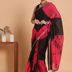 Black & Pink Tie & Dye Cotton Saree with Zari Border