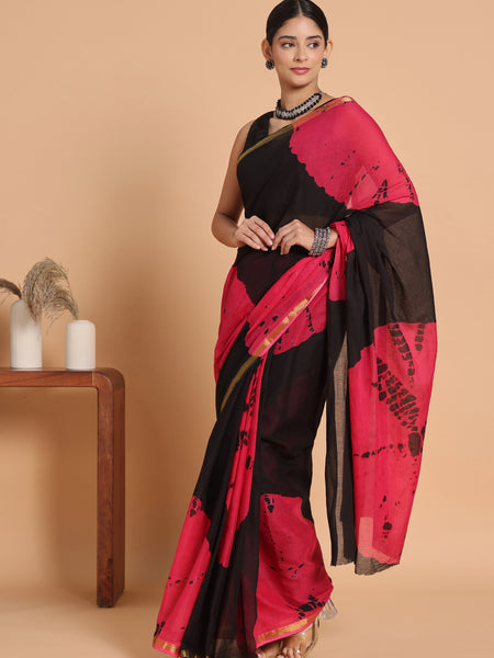 Black & Pink Tie & Dye Cotton Saree with Zari Border