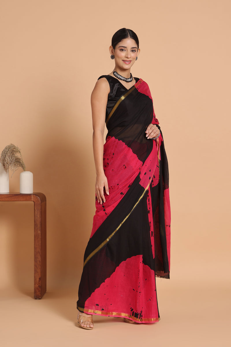 Black & Pink Tie & Dye Cotton Saree with Zari Border