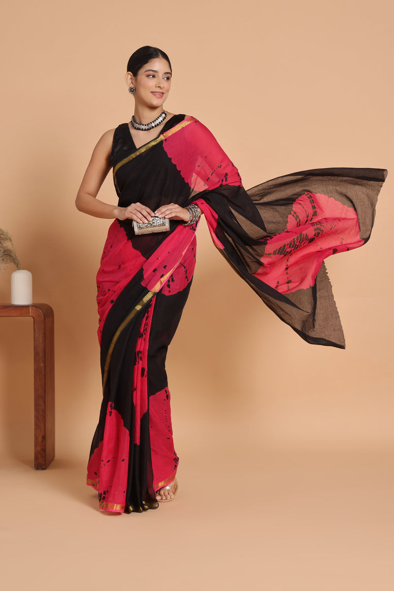 Black & Pink Tie & Dye Cotton Saree with Zari Border
