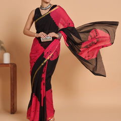 Black & Pink Tie & Dye Cotton Saree with Zari Border