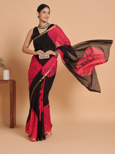 Black & Pink Tie & Dye Cotton Saree with Zari Border