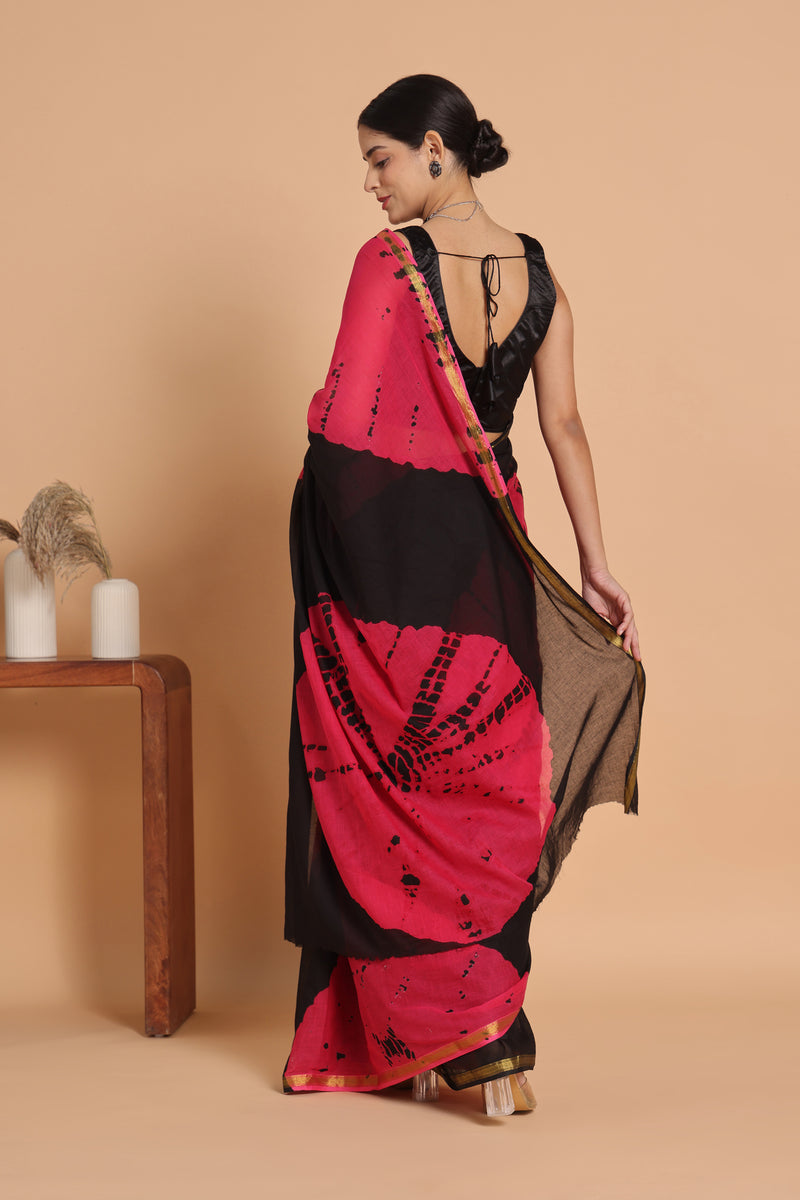 Black & Pink Tie & Dye Cotton Saree with Zari Border