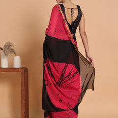 Black & Pink Tie & Dye Cotton Saree with Zari Border