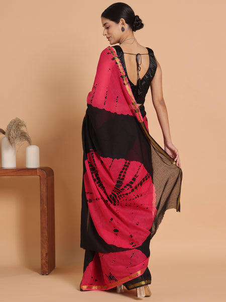Black & Pink Tie & Dye Cotton Saree with Zari Border