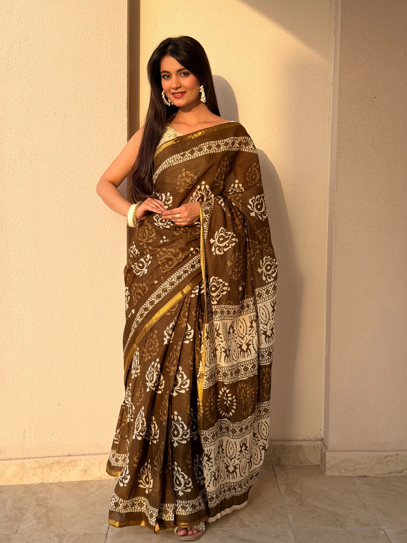 Brown Bagru Print Cotton Saree with Zari Border