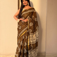 Brown Bagru Print Cotton Saree with Zari Border