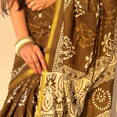Brown Bagru Print Cotton Saree with Zari Border