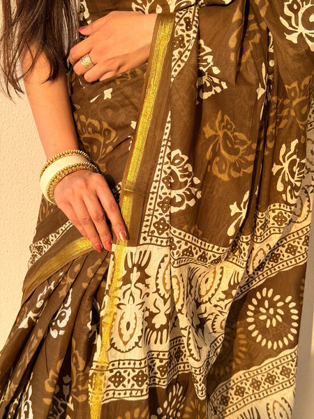 Brown Bagru Print Cotton Saree with Zari Border