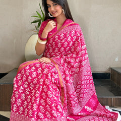 Pink Floral Printed Cotton Saree with Zari Border