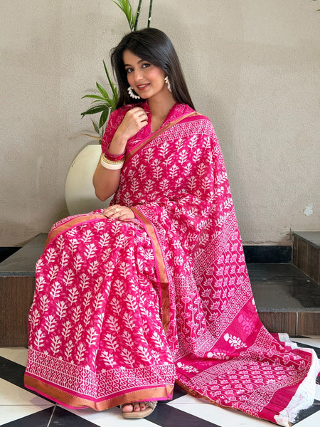 Pink Floral Printed Cotton Saree with Zari Border