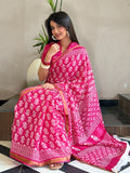 Pink Floral Printed Cotton Saree with Zari Border