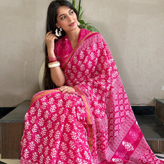 Pink Floral Printed Cotton Saree with Zari Border