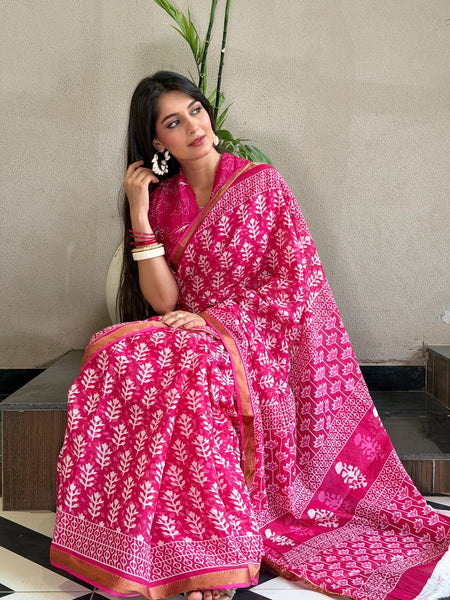 Pink Floral Printed Cotton Saree with Zari Border