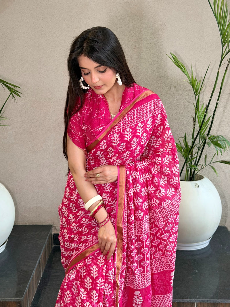 Pink Floral Printed Cotton Saree with Zari Border