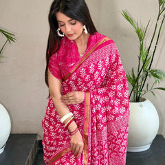 Pink Floral Printed Cotton Saree with Zari Border