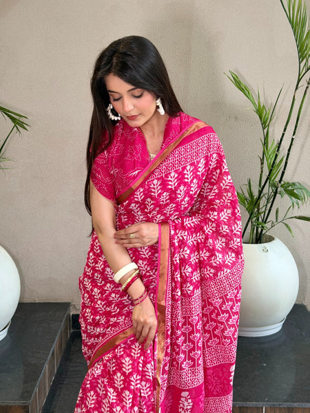 Pink Floral Printed Cotton Saree with Zari Border