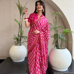 Pink Floral Printed Cotton Saree with Zari Border