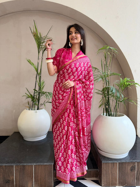 Pink Floral Printed Cotton Saree with Zari Border