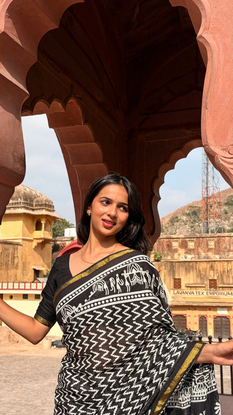 Black Cotton MulMul Saree with Zari Border