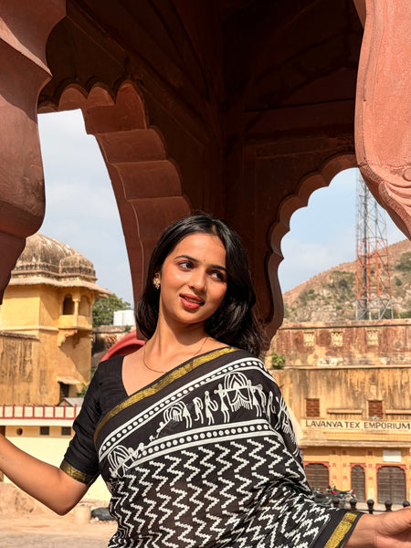 Black Cotton MulMul Saree with Zari Border