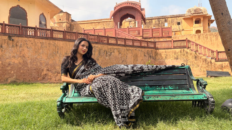 Black Cotton MulMul Saree with Zari Border