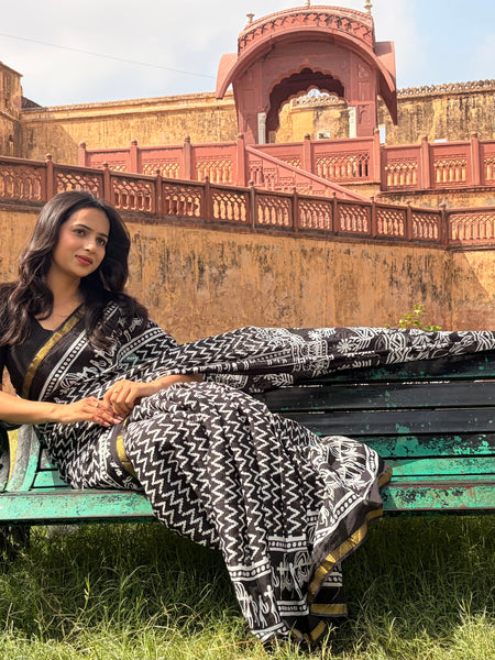 Black Cotton MulMul Saree with Zari Border