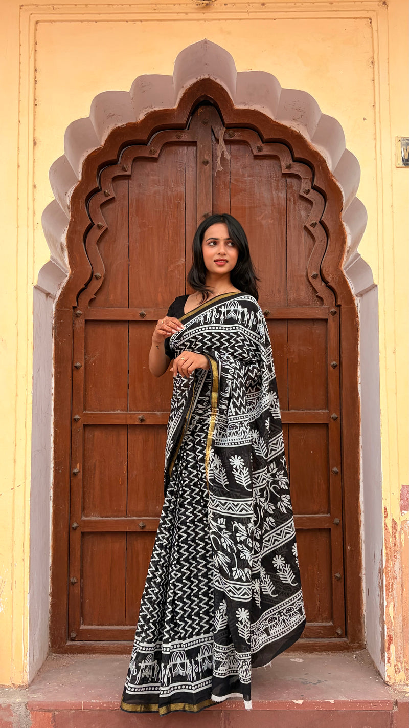 Black Cotton MulMul Saree with Zari Border