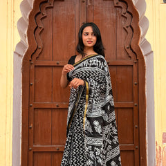 Black Cotton MulMul Saree with Zari Border