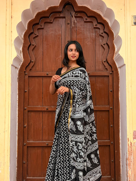 Black Cotton MulMul Saree with Zari Border