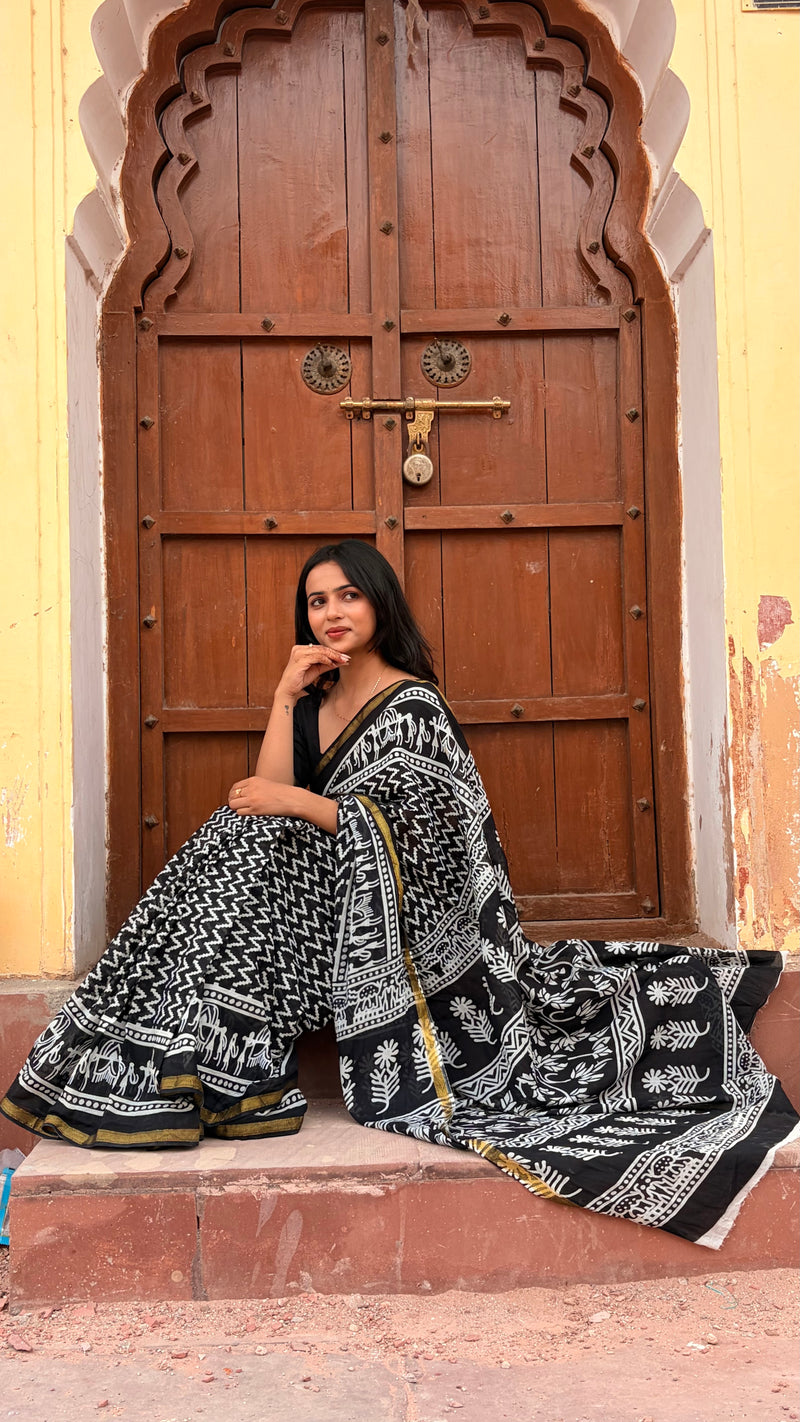 Black Cotton MulMul Saree with Zari Border