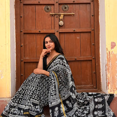 Black Cotton MulMul Saree with Zari Border