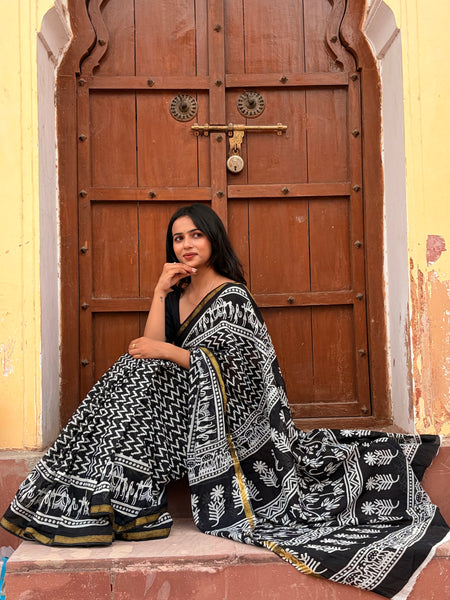 Black Cotton MulMul Saree with Zari Border