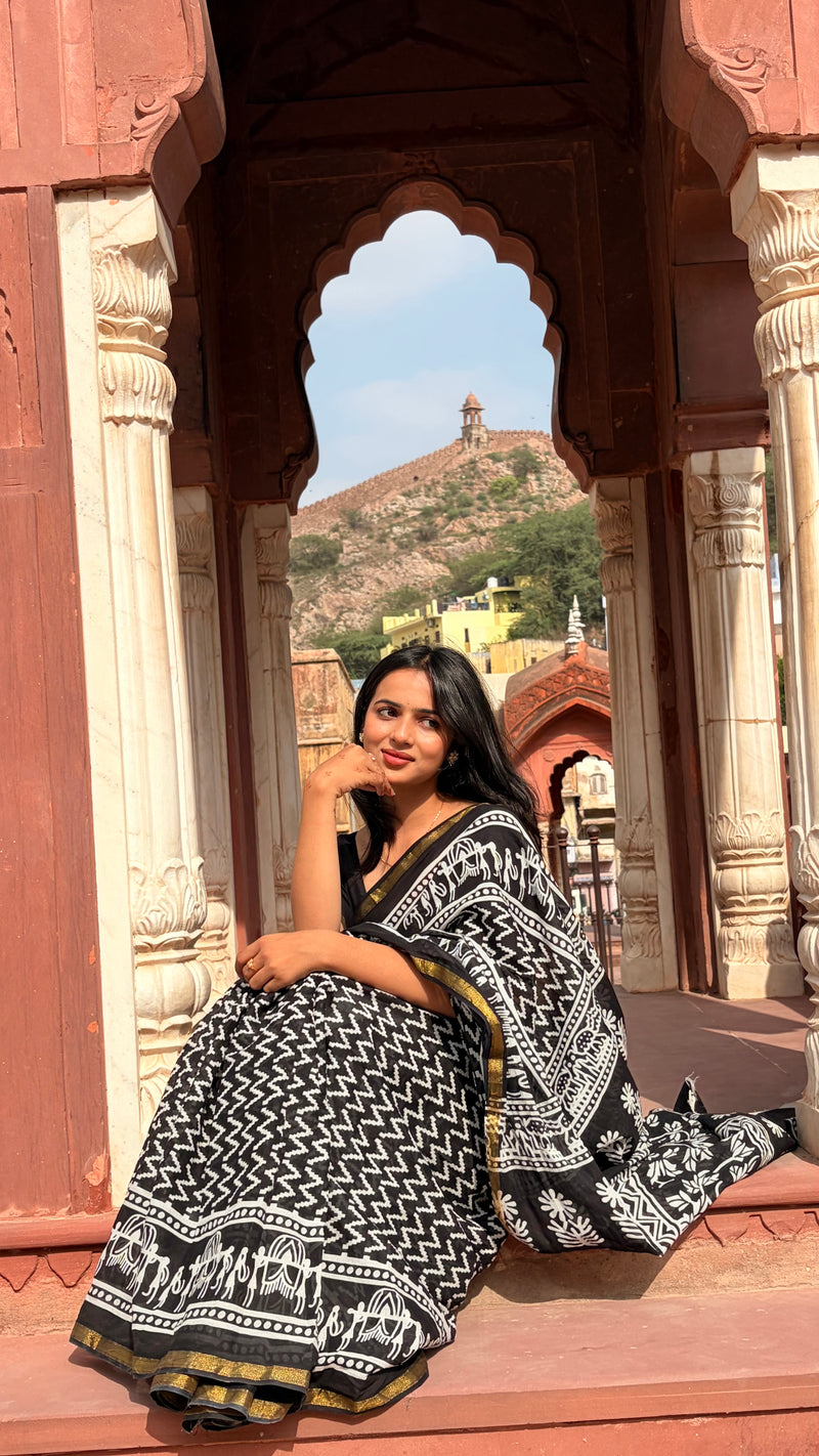 Black Cotton MulMul Saree with Zari Border