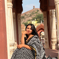 Black Cotton MulMul Saree with Zari Border