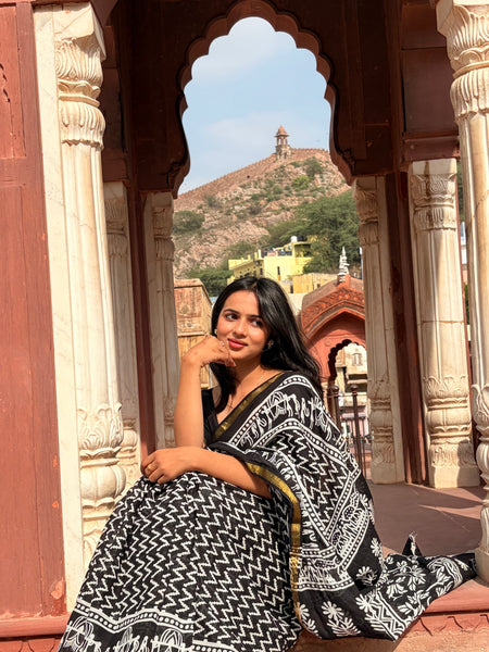 Black Cotton MulMul Saree with Zari Border