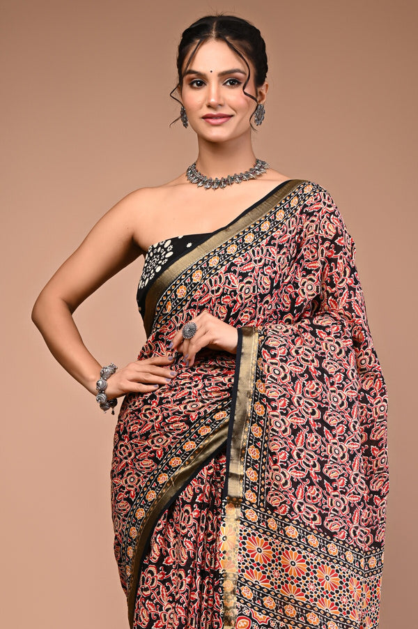 Black Pure Cotton Maheswari Border Printed Saree