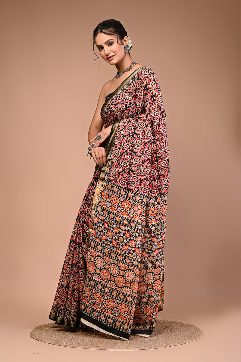 Black Pure Cotton Maheswari Border Printed Saree