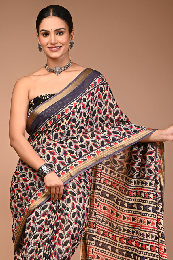 Black Cotton MulMul Maheshwari Border Saree