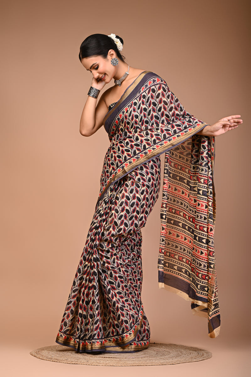 Black Cotton MulMul Maheshwari Border Saree